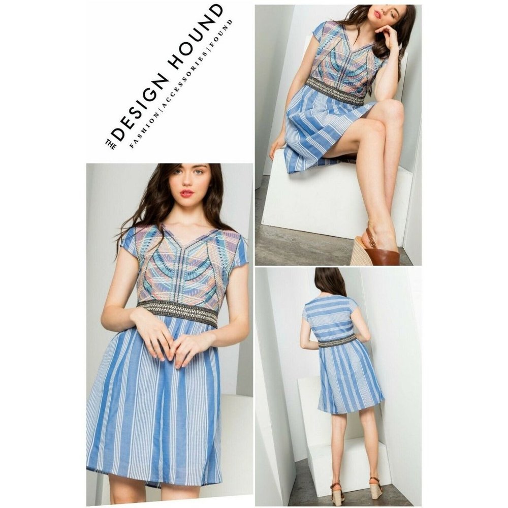 Anthropologie THML Beca Size Large Embroidered Stripe Dress